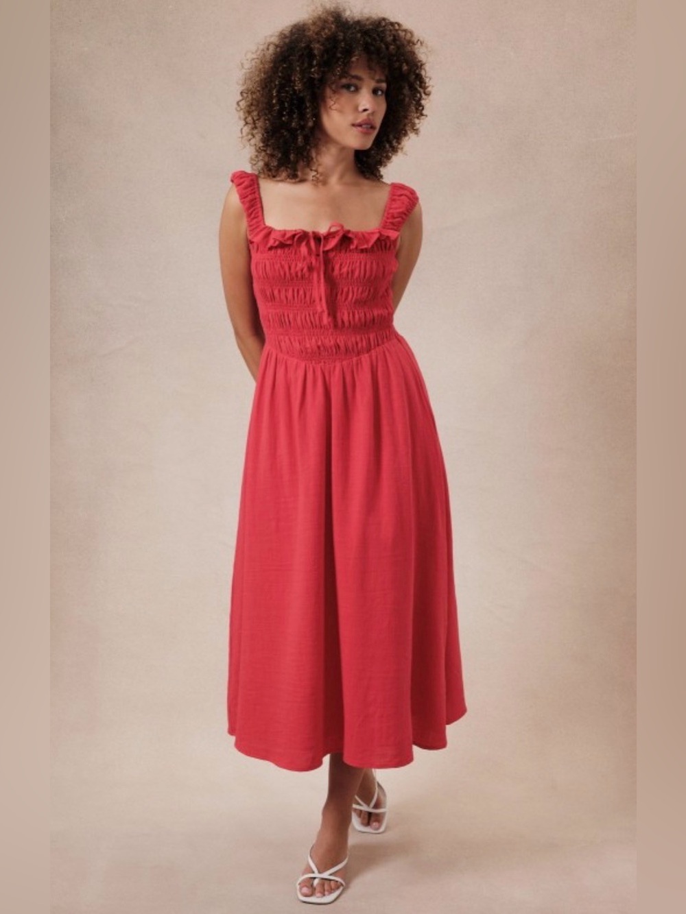 192. Gilli Red Smocked Midi Dress with Tie-Front